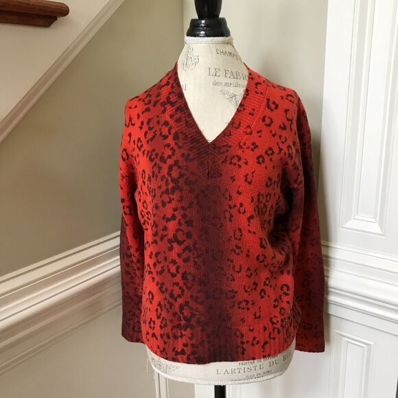 Brochu Walker Looker Layered Sweater Womens XS Red Orange Leopard V-Neck Wool - Picture 3 of 11